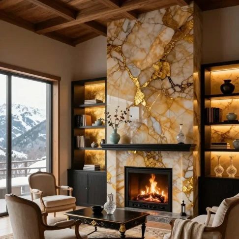 Стеновые панели из оникса Honey Onyx — облицовка стены и камина в гостиной Фото 2