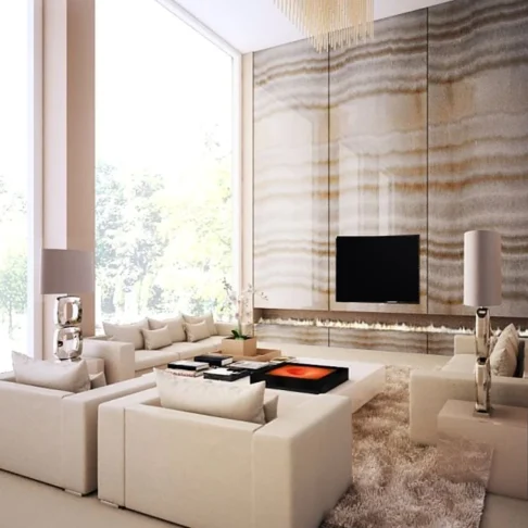 Стеновые панели из оникса White Onyx — светлая облицовка в зоне телевизора Фото 8